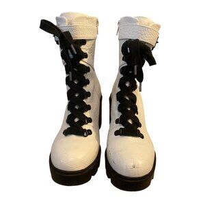 MIX No. 6 White Faux Leather Mid Shaft Block Heel Platform Boot Size 7.5